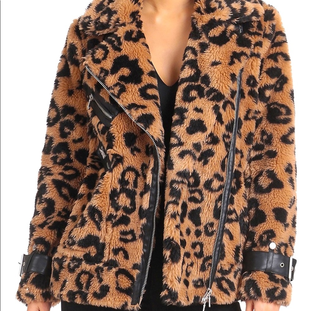 Avec Les Filles Leopard-Print Teddy Biker Jacket